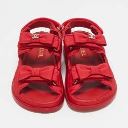 Chanel Red Quilted Fabric Dad Bow Flat Sandals Size 36.5