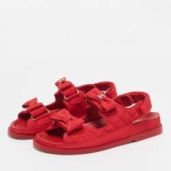 Chanel Red Quilted Fabric Dad Bow Flat Sandals Size 36.5