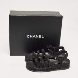 Chanel Black Suede Crystals Embellished Flat Sandals Size 37