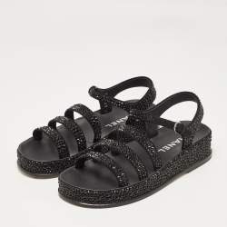 Chanel Black Suede Crystals Embellished Flat Sandals Size 37