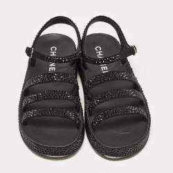 Chanel Black Suede Crystals Embellished Flat Sandals Size 37