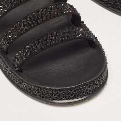 Chanel Black Suede Crystals Embellished Flat Sandals Size 37