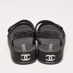 Chanel Black Suede Crystals Embellished Flat Sandals Size 37