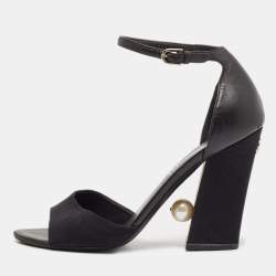 Chanel Black Leather And Canvas Pearl Embellishment Heel Ankle Strap Sandals Size 38.5