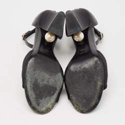 Chanel Black Leather And Canvas Pearl Embellishment Heel Ankle Strap Sandals Size 38.5