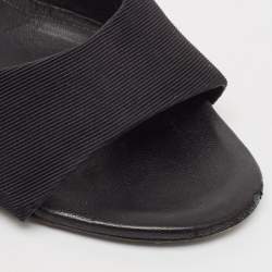 Chanel Black Leather And Canvas Pearl Embellishment Heel Ankle Strap Sandals Size 38.5