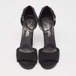 Chanel Black Leather And Canvas Pearl Embellishment Heel Ankle Strap Sandals Size 38.5