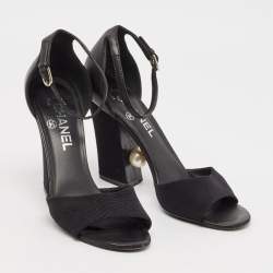 Chanel Black Leather And Canvas Pearl Embellishment Heel Ankle Strap Sandals Size 38.5