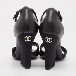 Chanel Black Leather And Canvas Pearl Embellishment Heel Ankle Strap Sandals Size 38.5