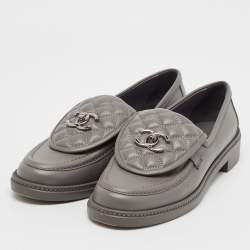 Chanel Grey Quilted Leather CC Turnlock Loafers Size 40.5