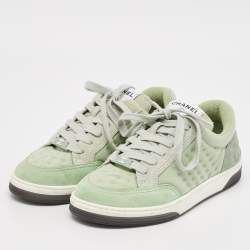 Chanel Light Green Fabric and Suede Skateboard Low Top Sneakers Size 36