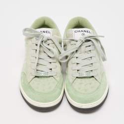 Chanel Light Green Fabric and Suede Skateboard Low Top Sneakers Size 36