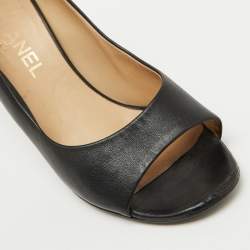 Chanel Black Leather Open Toe Pearl Heel Pumps Size 39