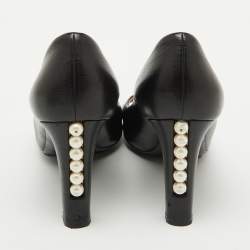 Chanel Black Leather Open Toe Pearl Heel Pumps Size 39