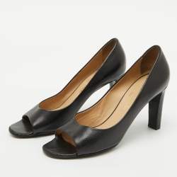 Chanel Black Leather Open Toe Pearl Heel Pumps Size 39