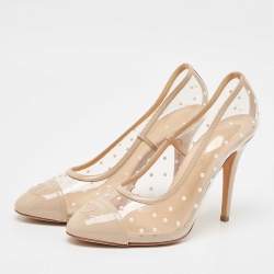 Chanel Beige Patent Leather and PVC Pearl Embellished CC Cap Toe Pumps Size 39