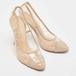 Chanel Beige Patent Leather and PVC Pearl Embellished CC Cap Toe Pumps Size 39