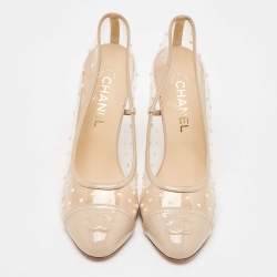 Chanel Beige Patent Leather and PVC Pearl Embellished CC Cap Toe Pumps Size 39