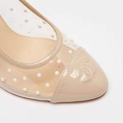 Chanel Beige Patent Leather and PVC Pearl Embellished CC Cap Toe Pumps Size 39