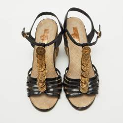 Chanel Black Patent Leather CC Coin T-Strap Wedge Sandals Size 39