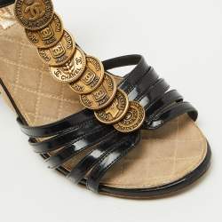 Chanel Black Patent Leather CC Coin T-Strap Wedge Sandals Size 39