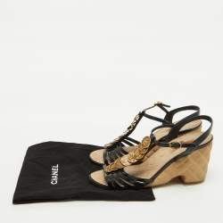 Chanel Black Patent Leather CC Coin T-Strap Wedge Sandals Size 39