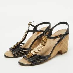 Chanel Black Patent Leather CC Coin T-Strap Wedge Sandals Size 39