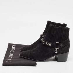 Chanel Black Suede CC Chain Detail Block Ankle Boots Size 35