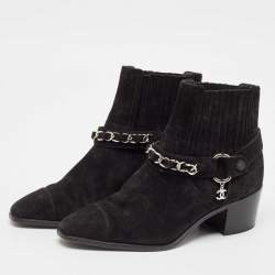 Chanel Black Suede CC Chain Detail Block Ankle Boots Size 35