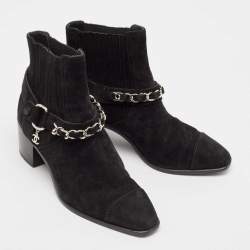 Chanel Black Suede CC Chain Detail Block Ankle Boots Size 35