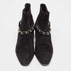 Chanel Black Suede CC Chain Detail Block Ankle Boots Size 35