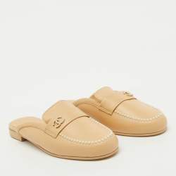 Chanel Beige Leather CC Pearl Embellished Flat Mules Size 37.5