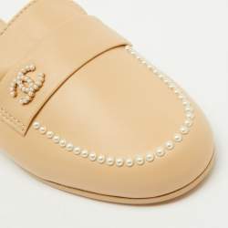 Chanel Beige Leather CC Pearl Embellished Flat Mules Size 37.5