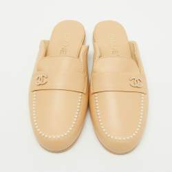 Chanel Beige Leather CC Pearl Embellished Flat Mules Size 37.5
