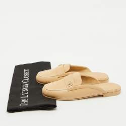 Chanel Beige Leather CC Pearl Embellished Flat Mules Size 37.5