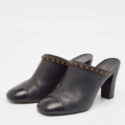 Chanel Black Leather and Patent Cap Toe Chain Link CC Mules Size 40.5