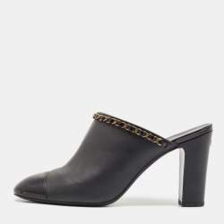 Chanel Black Leather and Patent Cap Toe Chain Link CC Mules Size 40.5