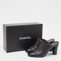 Chanel Black Leather and Patent Cap Toe Chain Link CC Mules Size 40.5
