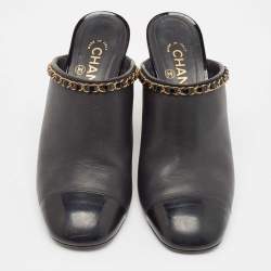 Chanel Black Leather and Patent Cap Toe Chain Link CC Mules Size 40.5