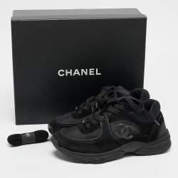 Pre Owned Chanel Black Suede and Fabric CC Low Top Sneakers Size 37