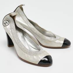 Pre Owned Chanel Silver/Black Leather and Elastic Lurex CC Scrunch Ballet Pumps Size 39