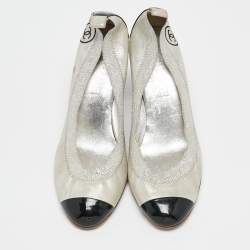 Pre Owned Chanel Silver/Black Leather and Elastic Lurex CC Scrunch Ballet Pumps Size 39
