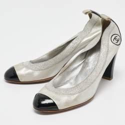 Pre Owned Chanel Silver/Black Leather and Elastic Lurex CC Scrunch Ballet Pumps Size 39