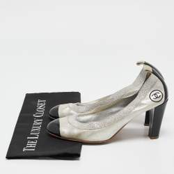 Pre Owned Chanel Silver/Black Leather and Elastic Lurex CC Scrunch Ballet Pumps Size 39
