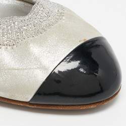 Pre Owned Chanel Silver/Black Leather and Elastic Lurex CC Scrunch Ballet Pumps Size 39
