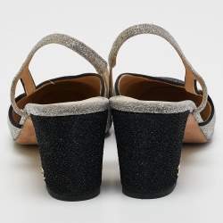 Pre Owned Chanel Silver/Black Lurex Fabric CC Cap Toe Slingback Pumps Size 41.5