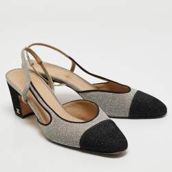 Pre Owned Chanel Silver/Black Lurex Fabric CC Cap Toe Slingback Pumps Size 41.5