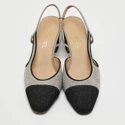 Pre Owned Chanel Silver/Black Lurex Fabric CC Cap Toe Slingback Pumps Size 41.5