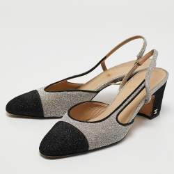 Pre Owned Chanel Silver/Black Lurex Fabric CC Cap Toe Slingback Pumps Size 41.5