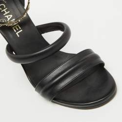Chanel Black Leather Charm Embellished Ankle Cuff Wedge Sandals Size 39
